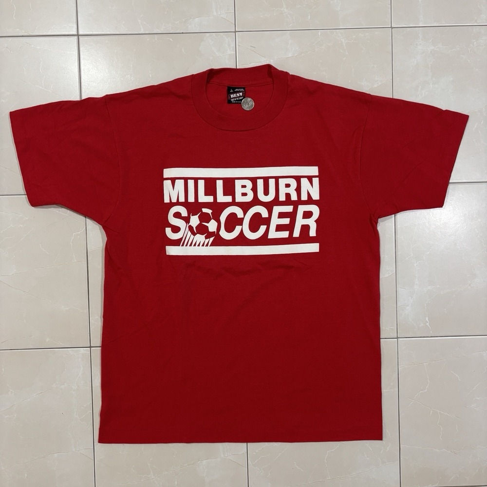 Vintage 90s Soccer T Shirt Single Stitch Red Men's L Made In USA Fruit Jersey